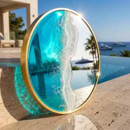 50cm Gold Frame Resin Wave Mirror, Coastal Ocean Wall Turquoise Blue Beach House Decor, Round Sea Handmade Art