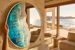 50cm Gold Frame Resin Wave Mirror, Coastal Ocean Wall Turquoise Blue Beach House Decor, Round Sea Handmade Art