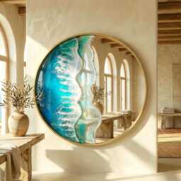50cm Gold Frame Resin Wave Mirror, Coastal Ocean Wall Turquoise Blue Beach House Decor, Round Sea Handmade Art