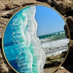 50cm Gold Frame Resin Wave Mirror, Coastal Ocean Wall Turquoise Blue Beach House Decor, Round Sea Handmade Art - thumbnail 2