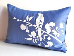 Royal Blue Blossom Bird Pillow Silkscreened Cotton, 12x18 - thumbnail 1