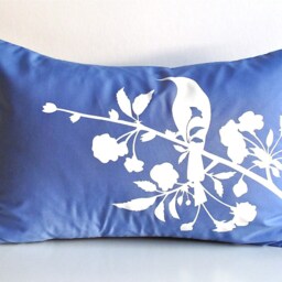 Royal Blue Blossom Bird Pillow Silkscreened Cotton, 12x18 - thumbnail 2
