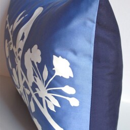 Royal Blue Blossom Bird Pillow Silkscreened Cotton, 12x18 - thumbnail 3