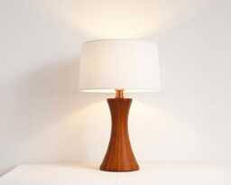 Table Lamp - Modern Wooden Hourglass With Beige Linen Shade - Scandinavian Minimal Accent Lighting For Cozy Interiors