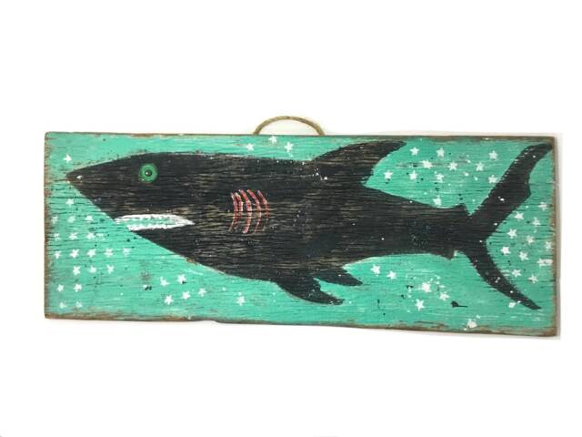Shark Decor Beach Personalize Original Art Ooak Shabby Chic Surf Reclaimed Wood Mangoseed - image 1