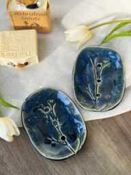 Handmade Ceramic Soap Dish Waterfall Blue Botanic Leaf Design - thumbnail 1