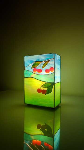 stained Glass Table Lamp Cherries Handmade Artglass Home Decor - image 1