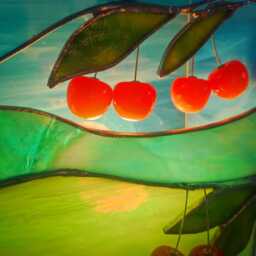 stained Glass Table Lamp Cherries Handmade Artglass Home Decor - thumbnail 4