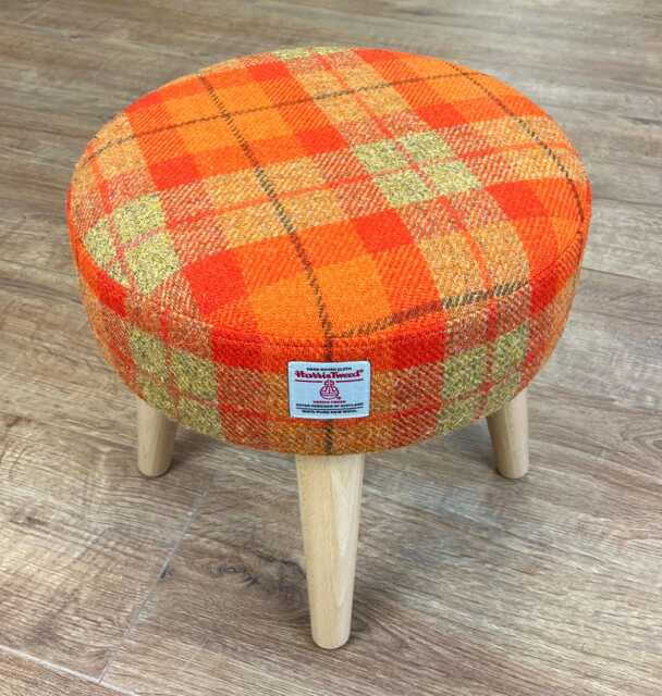 Orange Tartan Harris Tweed Footstool With Varnished Wooden Legs - image 1