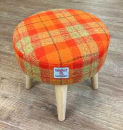 Orange Tartan Harris Tweed Footstool With Varnished Wooden Legs - thumbnail 1