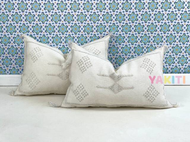 Yakiti-White Square Moroccan Pillows, Aka Cactus Silk Pillow, Decorative Pillows, Sabra Pillows, Moroccan Decor Designer Cactus - image 1