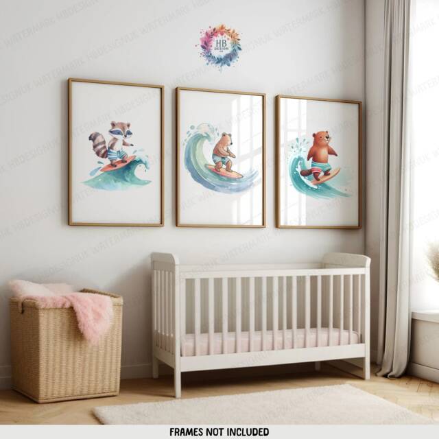 Surf Animal Prints - Set Of 3 Posters - Children Surfer Wall Art Kids Surfing Nursery Decor Ocean Artwork Illustration Surfboard - image 1