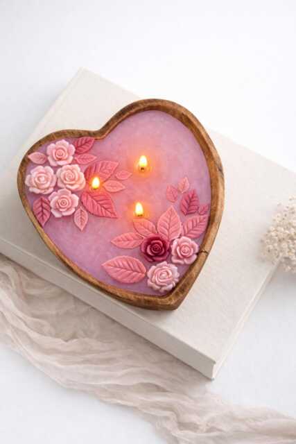 Large 3 Wick Heart Shaped Candle, Scented Soy Wax Wooden Bowl, Romantic Gift For Her, Valentines Day Candle Gift, Anniversary Gift, Flower Candle - image 1