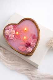 Large 3 Wick Heart Shaped Candle, Scented Soy Wax Wooden Bowl, Romantic Gift For Her, Valentines Day Candle Gift, Anniversary Gift, Flower Candle