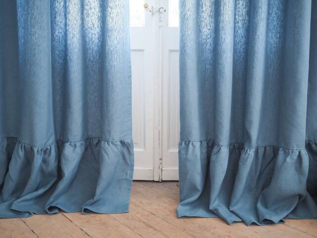 Blue Heavy Linen Curtain Panel With Frill/1 Pcs - image 1