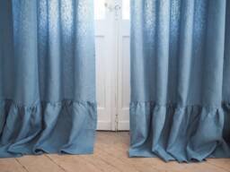 Blue Heavy Linen Curtain Panel With Frill/1 Pcs - thumbnail 1