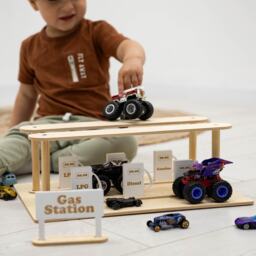 Toddler Boy Wooden Toy Car Garage, Cars With Wash, Parking Garage Ramp, Baby Gas Station, Birthday Gift - thumbnail 2