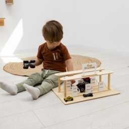 Toddler Boy Wooden Toy Car Garage, Cars With Wash, Parking Garage Ramp, Baby Gas Station, Birthday Gift - thumbnail 4