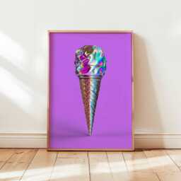 Holographic Ice Cream Poster, Bold Pop Art Wall Print, Metallic Cone On Purple Background, Funky Modern Decor, Colorful Surreal Unframed