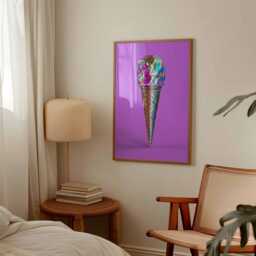Holographic Ice Cream Poster, Bold Pop Art Wall Print, Metallic Cone On Purple Background, Funky Modern Decor, Colorful Surreal Unframed - thumbnail 3