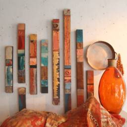 Best Spring Sale Art Decor 7 Wall Hanging Textured Wood Totems Copper Turqoise Blue Tin Metal Colorful Collage Paintings Southwest Taos - thumbnail 2