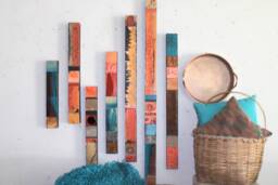 Best Spring Sale Art Decor 7 Wall Hanging Textured Wood Totems Copper Turqoise Blue Tin Metal Colorful Collage Paintings Southwest Taos - thumbnail 1