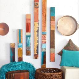 Best Spring Sale Art Decor 7 Wall Hanging Textured Wood Totems Copper Turqoise Blue Tin Metal Colorful Collage Paintings Southwest Taos - thumbnail 4