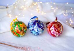 Set Of 3 Christmas Ornaments - Fairy Bird Ukrainian Set, Petrykivka Flower Baubles, Unique Xmas Ball - thumbnail 1