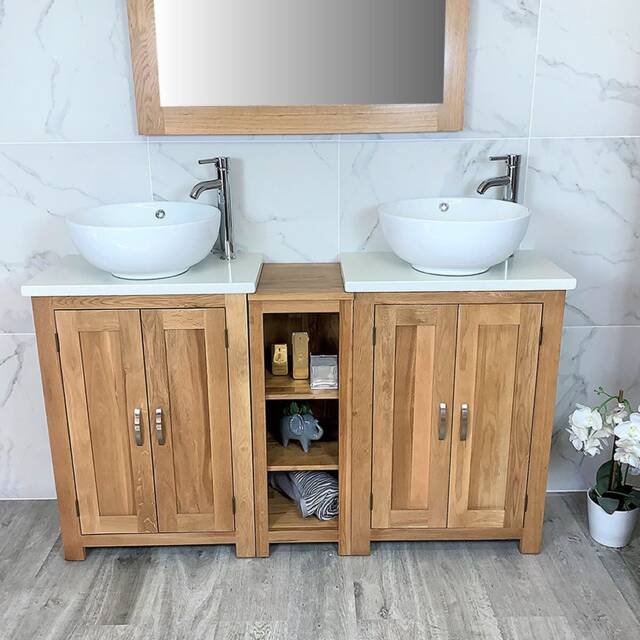 Hand Crafted Oak Bathroom Vanity Unit - White Quartz Top, Ceramic Basins - image 1