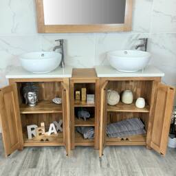 Hand Crafted Oak Bathroom Vanity Unit - White Quartz Top, Ceramic Basins - thumbnail 3