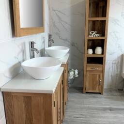Hand Crafted Oak Bathroom Vanity Unit - White Quartz Top, Ceramic Basins - thumbnail 4