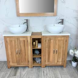 Hand Crafted Oak Bathroom Vanity Unit - White Quartz Top, Ceramic Basins