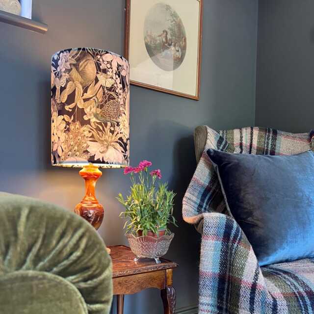 Peacock Butterfly Velvet in Black, Circular Drum Lampshade/ Ceiling Shade, With A White Lining - image 1