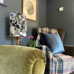 Peacock Butterfly Velvet in Black, Circular Drum Lampshade/ Ceiling Shade, With A White Lining - thumbnail 2