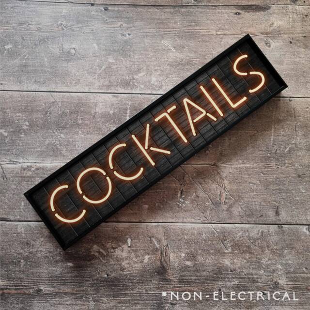Cocktails - Framed Neon Style Font Print Metal Retro Sign Gallery Wall Art Bar Drinks Non Electrical - image 1