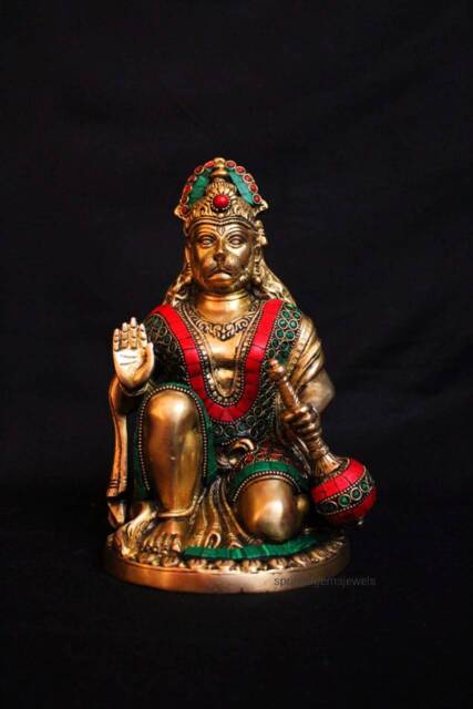 Brass Hanuman Statue Stone Work Temple Altar Decor, 9.5 Inch - image 1