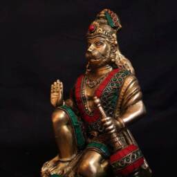 Brass Hanuman Statue Stone Work Temple Altar Decor, 9.5 Inch - thumbnail 4