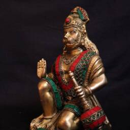 Brass Hanuman Statue Stone Work Temple Altar Decor, 9.5 Inch - thumbnail 3