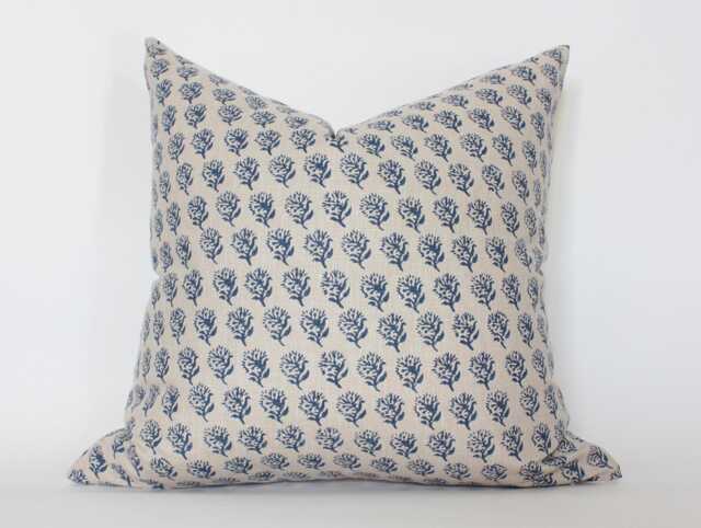 Blue Floral Pillow Cover, Indigo Throw Pillow, Block Print Sofa Navy Decorative Cushions, 20x20, 22x22 -- Aster - image 1