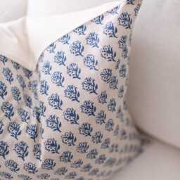 Blue Floral Pillow Cover, Indigo Throw Pillow, Block Print Sofa Navy Decorative Cushions, 20x20, 22x22 -- Aster - thumbnail 3