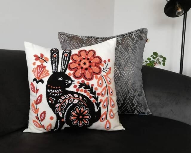 Embroidered Rabbit Pillow Cover Folk Punch Needle Cushion, Easter Decor - Ddp Usa - image 1