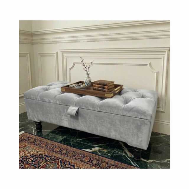 Plush Velvet Ottoman Box With Black Wooden Legs Tufted Coffee Table, Blanket & Toys Storage - image 1
