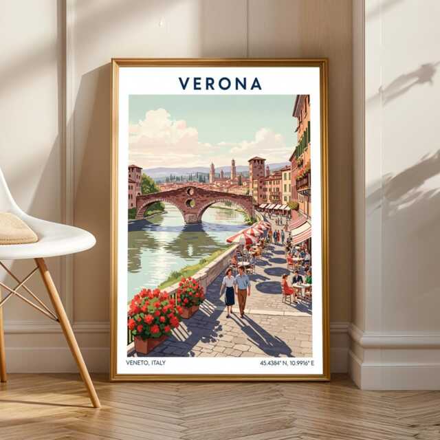 Vintage Verona Italy Travel Poster Riverside Promenade Art Print - image 1