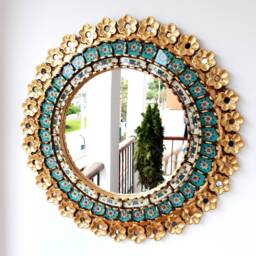 Peruvian Turquoise Rose Mirror 60 cm Handmade Wall Decor - Carved Wood Round Floral Statement For Living Room Bathroom