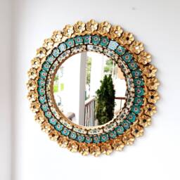 Peruvian Turquoise Rose Mirror 60 cm Handmade Wall Decor - Carved Wood Round Floral Statement For Living Room Bathroom - thumbnail 2