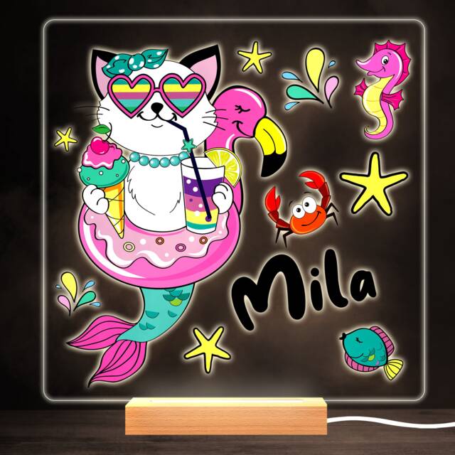 Funny Mermaid Cat Colourful Square Personalised Gift Led Lamp Night Light - Bedroom - image 1
