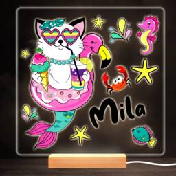 Funny Mermaid Cat Colourful Square Personalised Gift Led Lamp Night Light - Bedroom