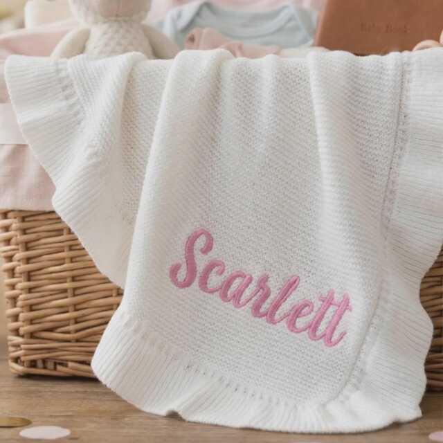 Personalized Embroidered Baby Name Blanket, 100% Cotton Knit Newborn Keepsake, Customized 7 Patterns Nursery Throw, Shower Gift 30x40 - image 1