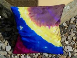 Handpainted Unique Pillowcase For Throwpillows On Habotai-Silk in Shades Of Yellow, Blue, Purple & White Shiboritechnique Silkpainting