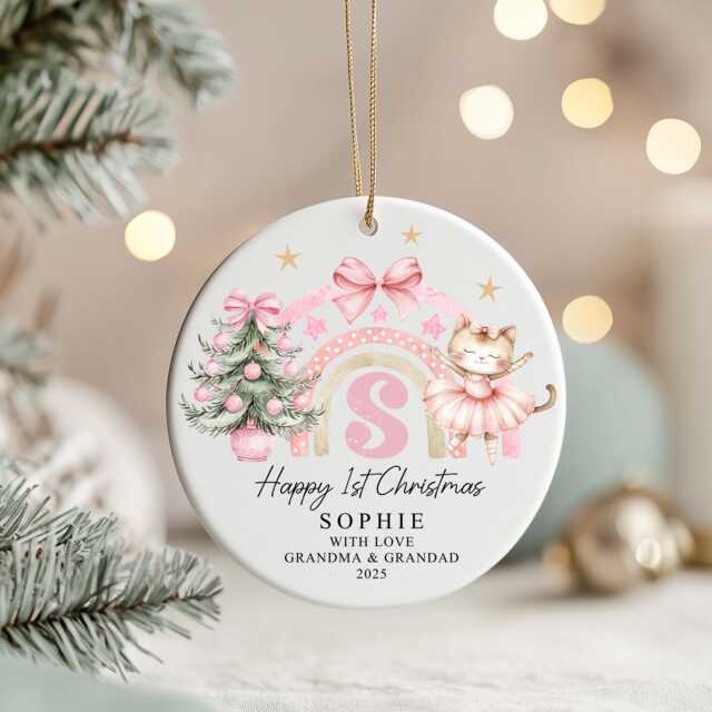 Personalised First Christmas Ornament 2025 - 1st Baby Gift With Cat Ballerina & Tree, Round Or Heart Shape - image 1